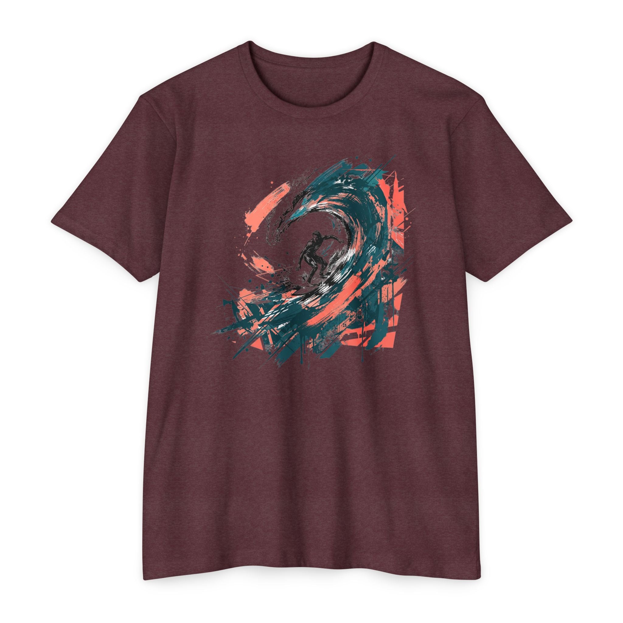 Brown heather unisex T-shirt with front abstract wave paintbrush graphic in teal, green, orange, and black