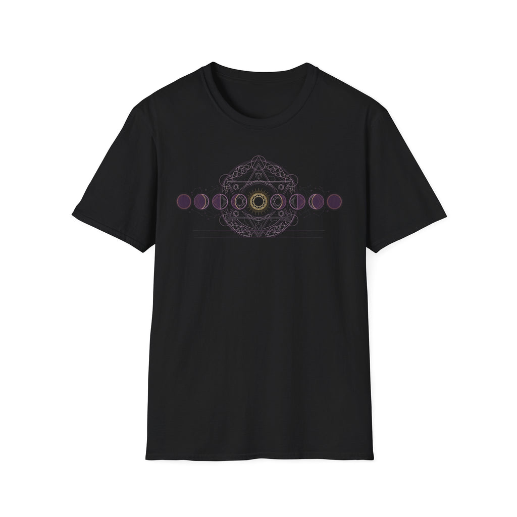 Black moon phases graphic t-shirt with circular dotted design on the chest