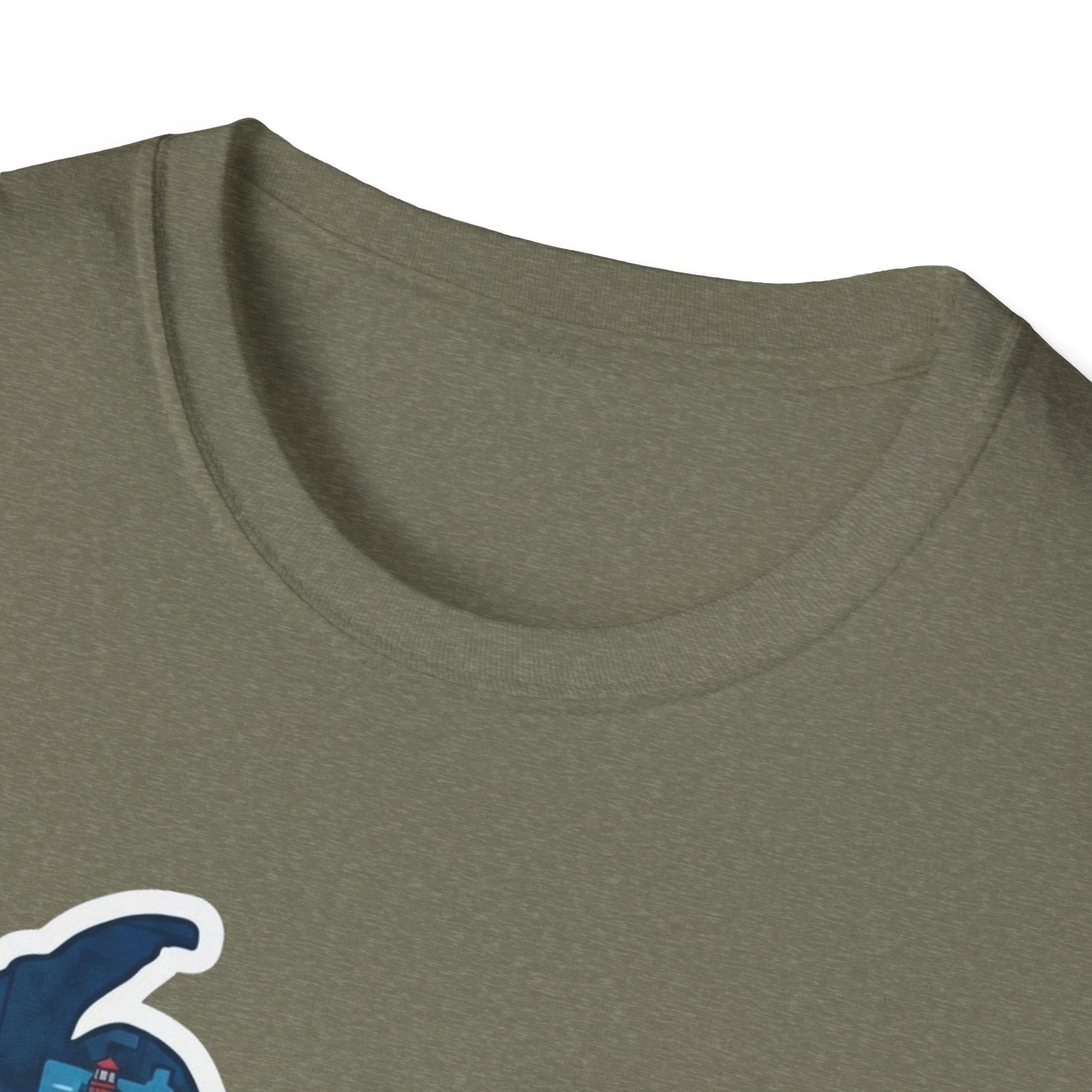 I Am Michigan map graphic T-shirt, dark olive crew neck close-up