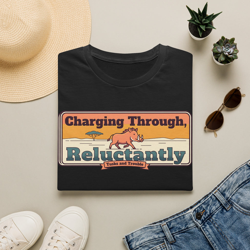 Black graphic rhino T-shirt with retro 'Reluctantly' slogan