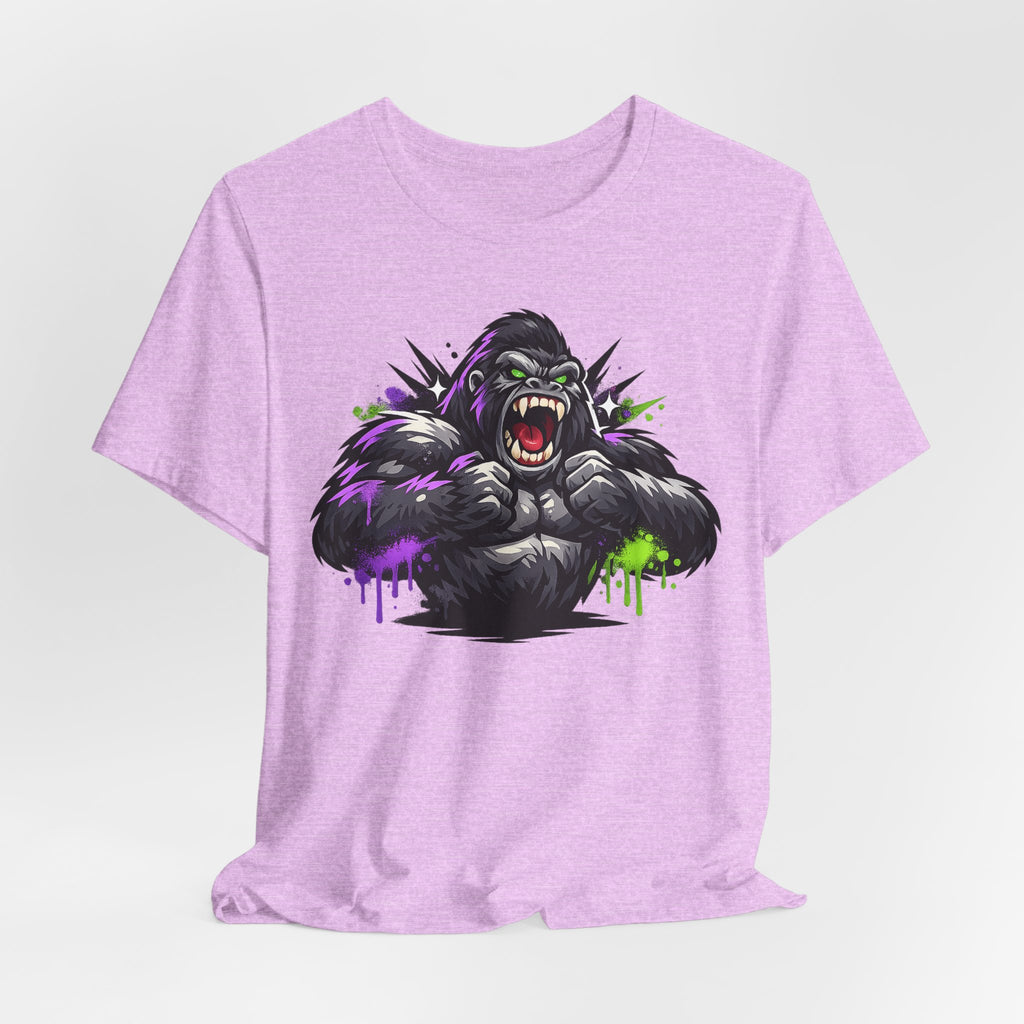 Lavender heather crewneck T-shirt with roaring gorilla graphic across the chest