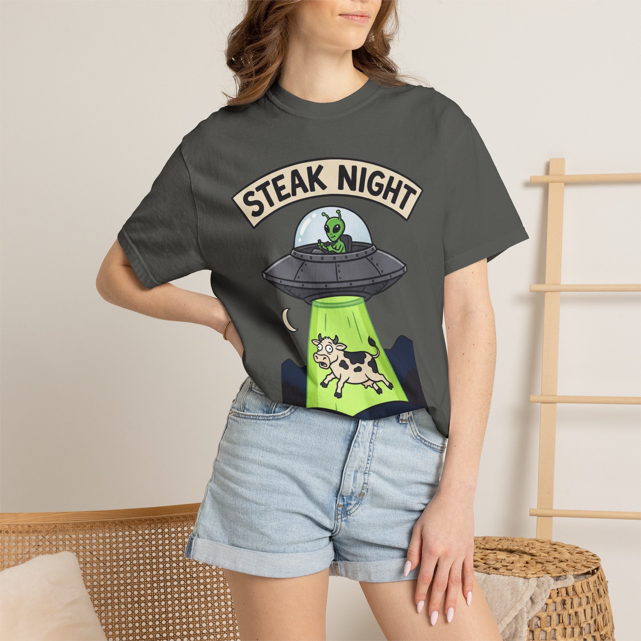 Dark gray T-shirt with 'Steak Night' UFO graphic, green alien and cow