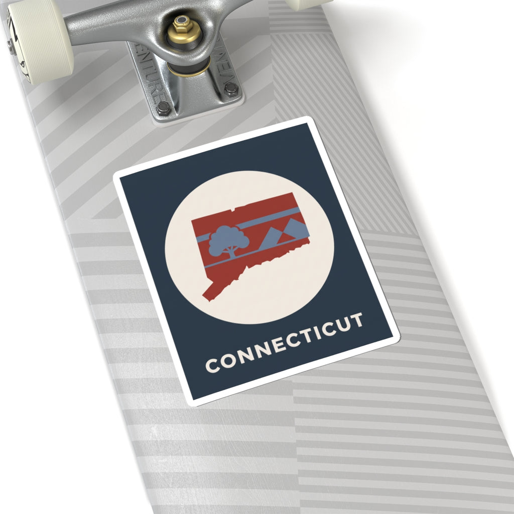 Connecticut state map sticker on striped surface with circular map and 'CONNECTICUT'