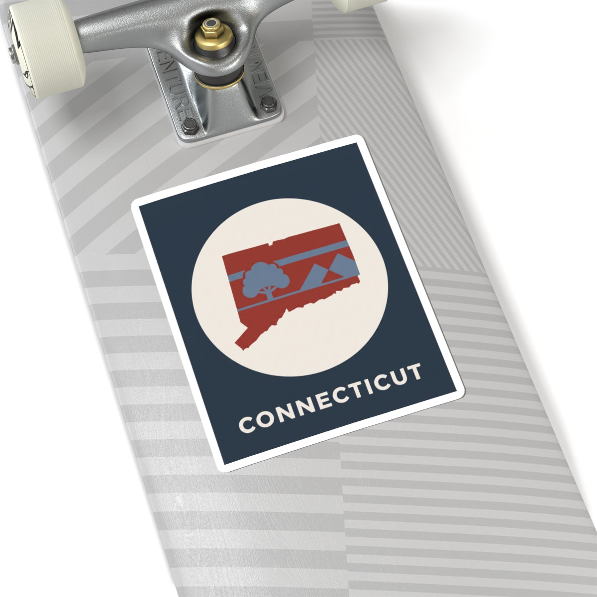 Connecticut state map sticker on striped surface with circular map and 'CONNECTICUT'