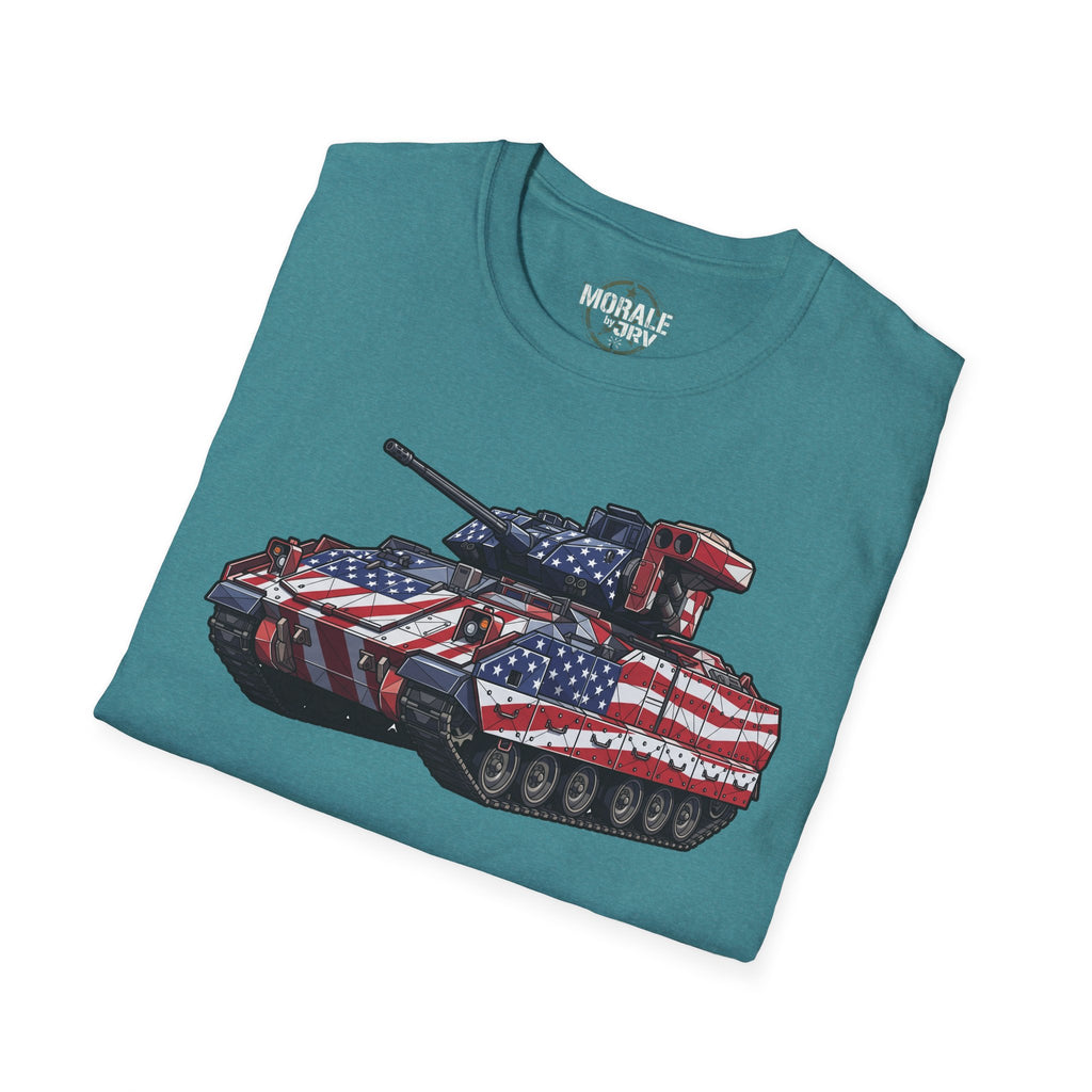 Teal T-shirt with American-flag tank graphic on front