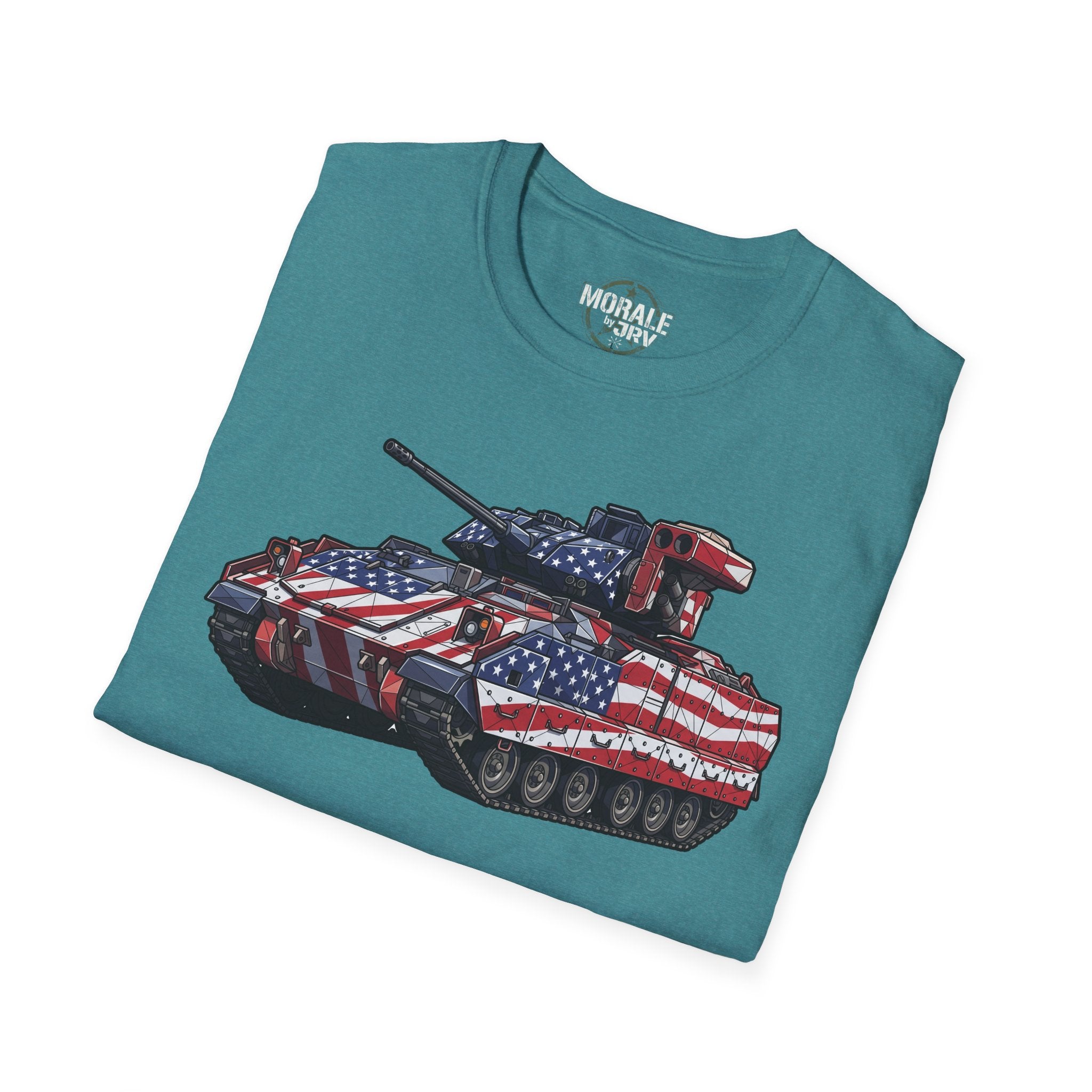 Teal T-shirt with American-flag tank graphic on front
