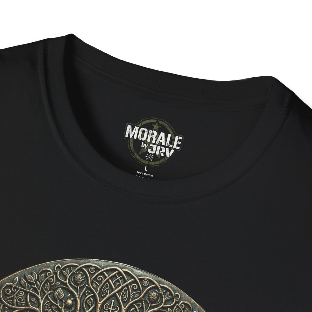 Black T-shirt with circular logo at neckline, partial Celtic tree design