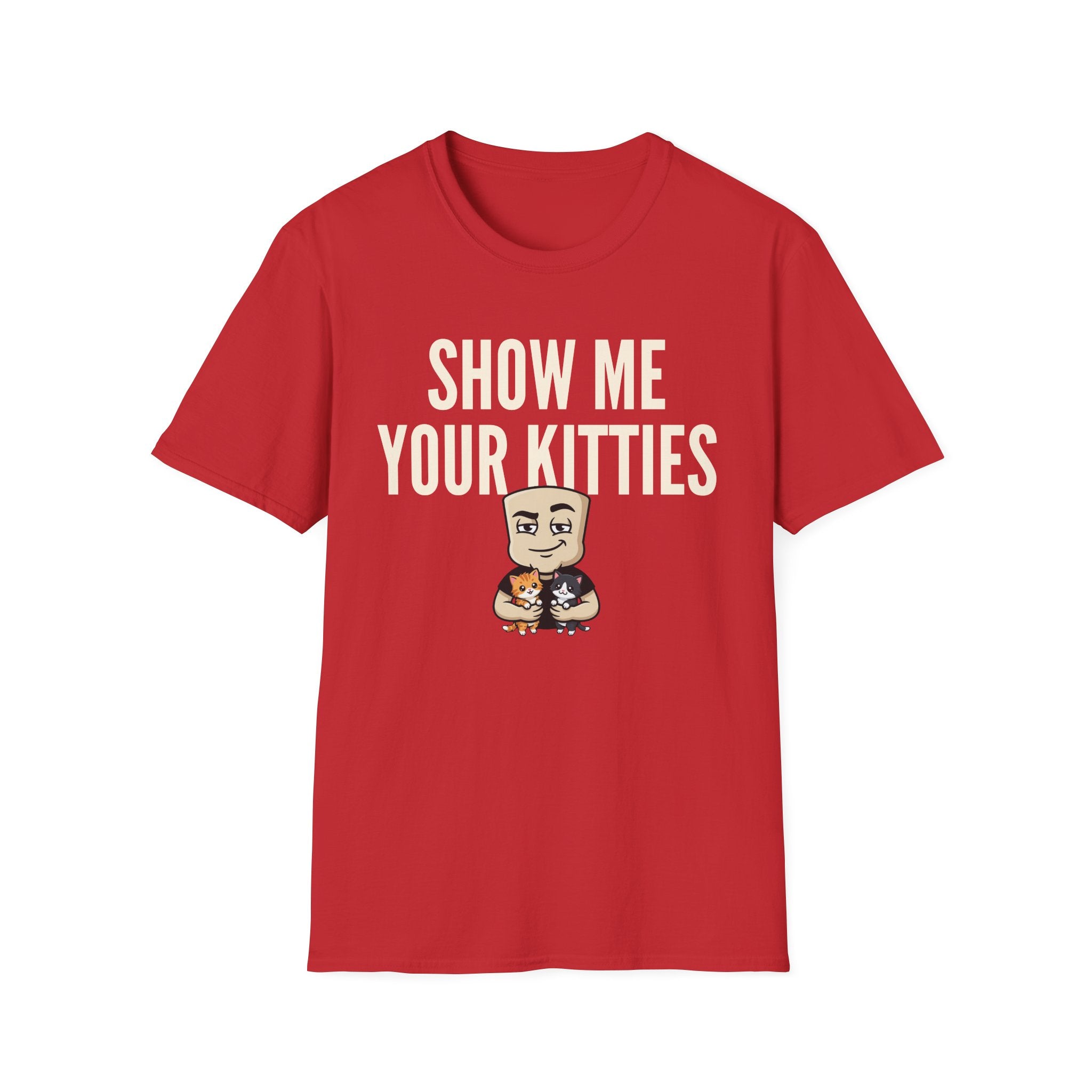Red short-sleeve T-shirt with white "SHOW ME YOUR KITTIES" front graphic