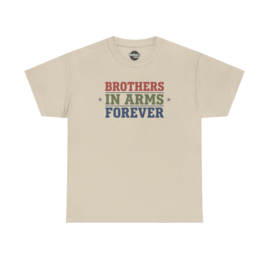 Sand crewneck tee with "BROTHERS IN ARMS FOREVER" graphic on chest