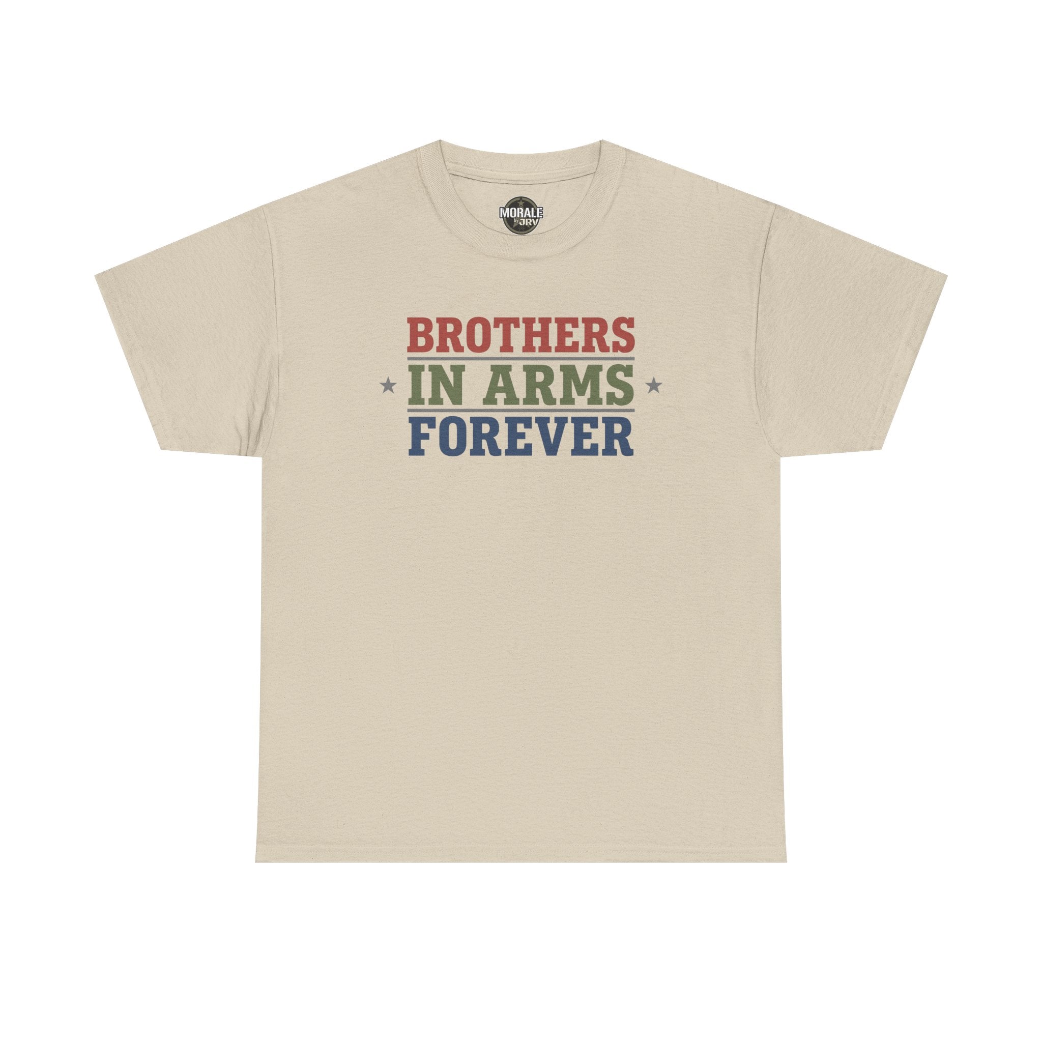 Sand crewneck tee with "BROTHERS IN ARMS FOREVER" graphic on chest