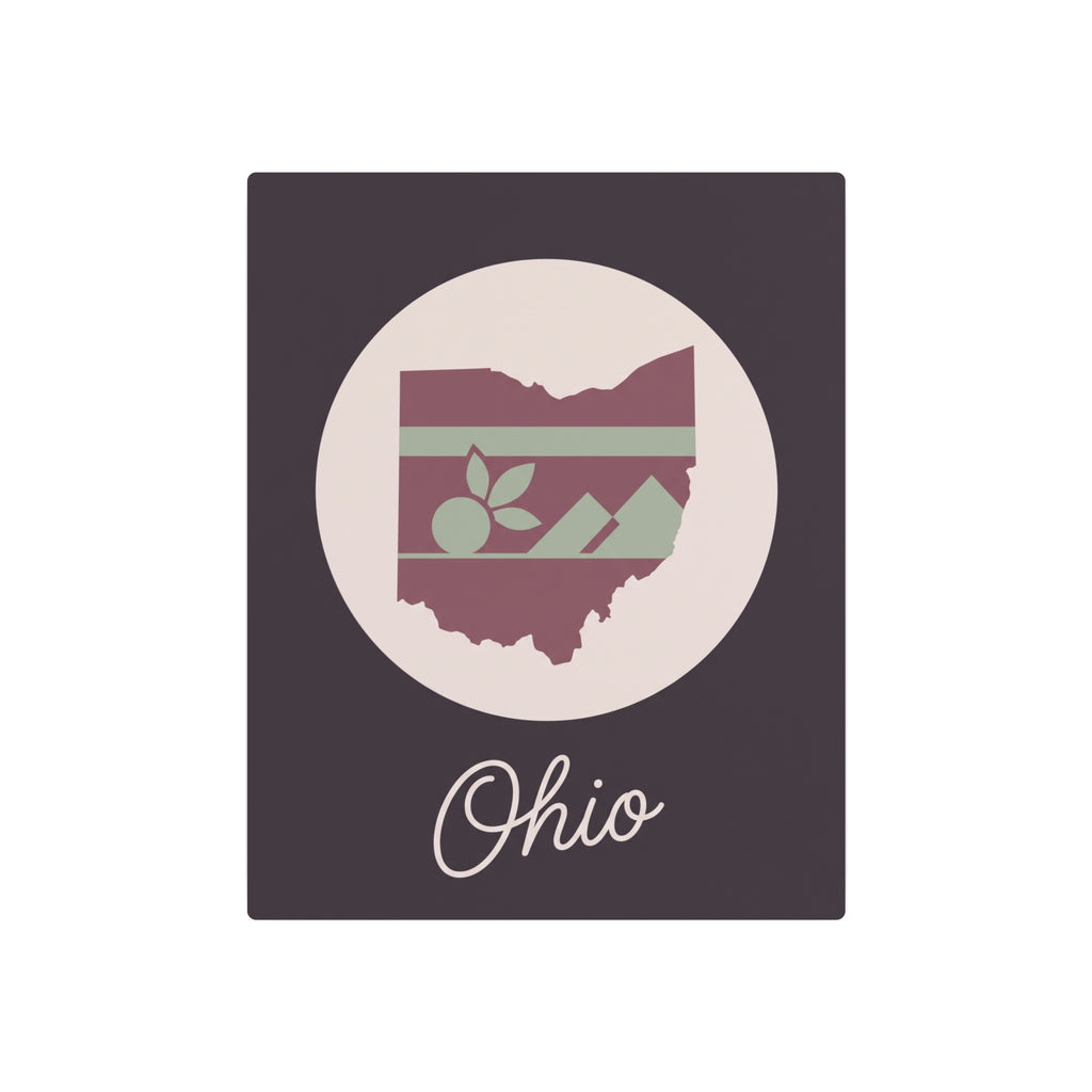 Mauve square metal sign with Ohio silhouette emblem inside a beige circle and 'Ohio' script