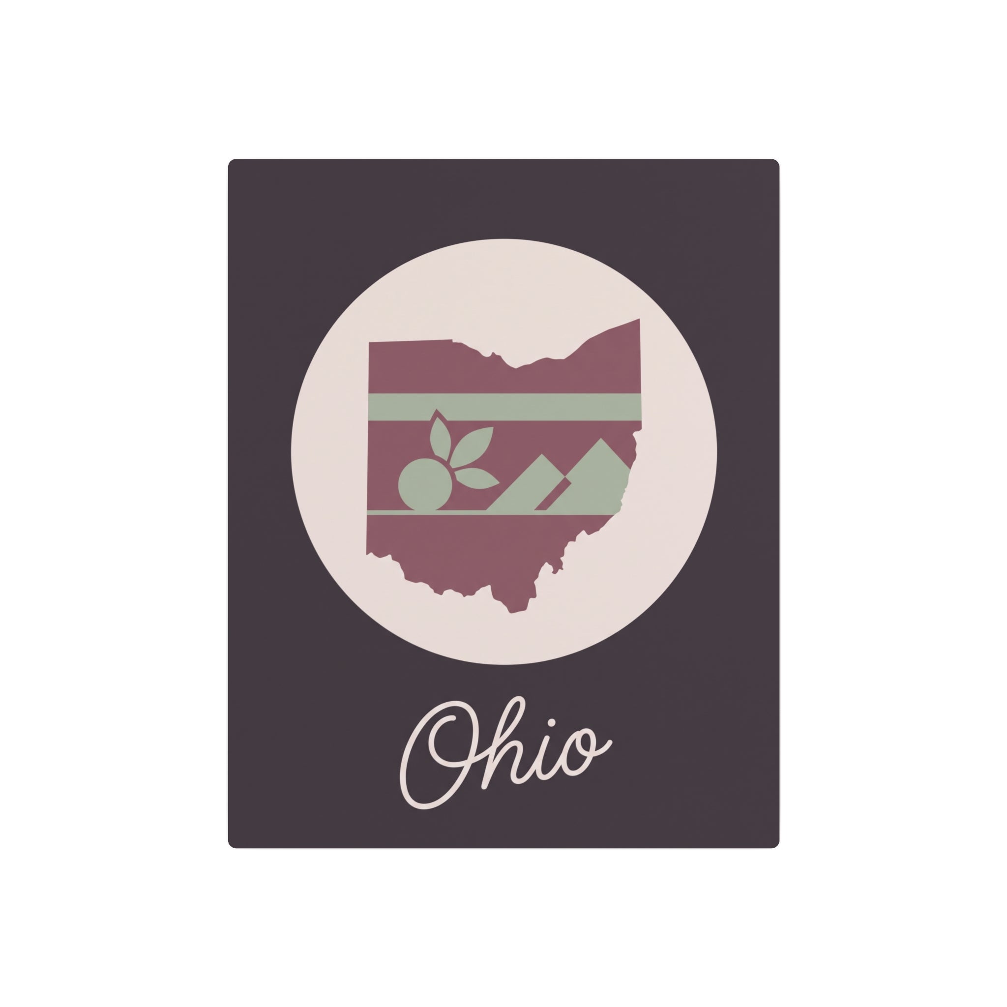 Mauve square metal sign with Ohio silhouette emblem inside a beige circle and 'Ohio' script
