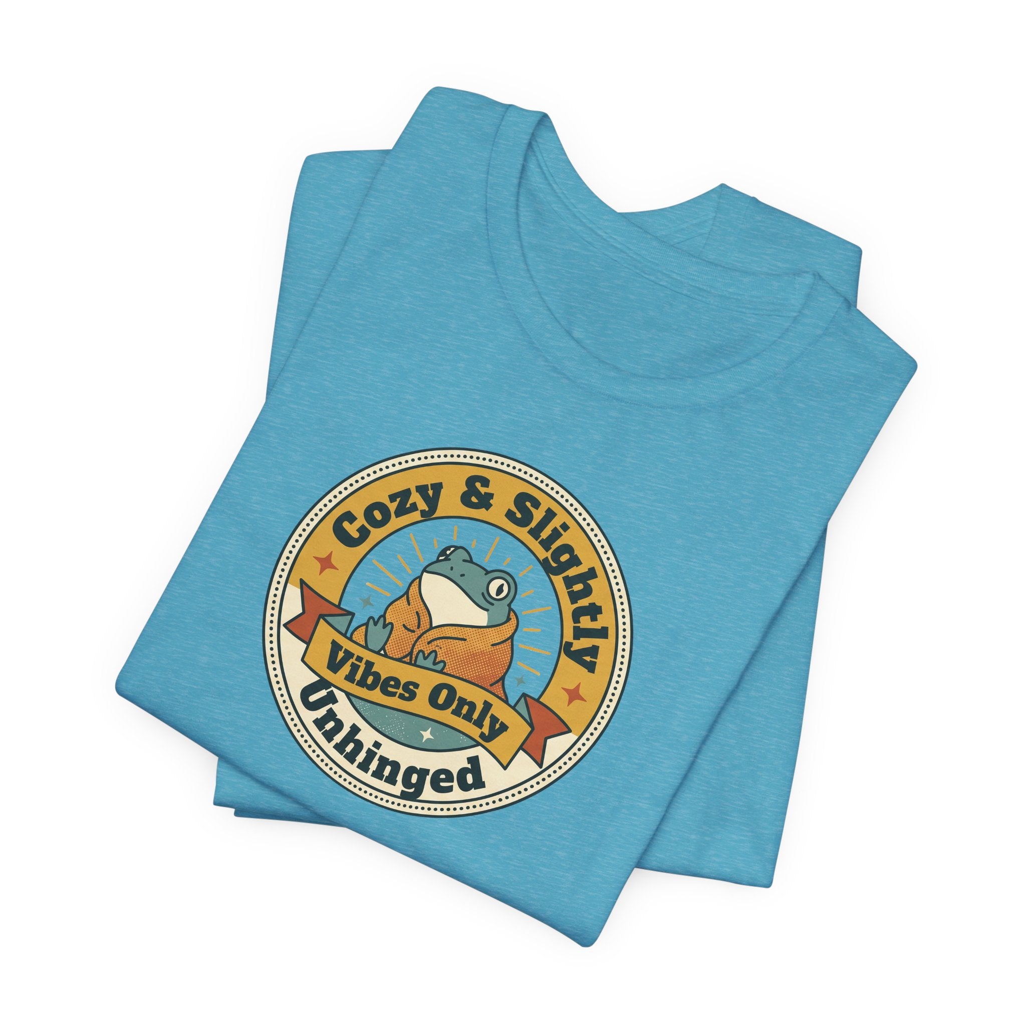 Light blue heather T-shirt with circular sloth graphic badge on front