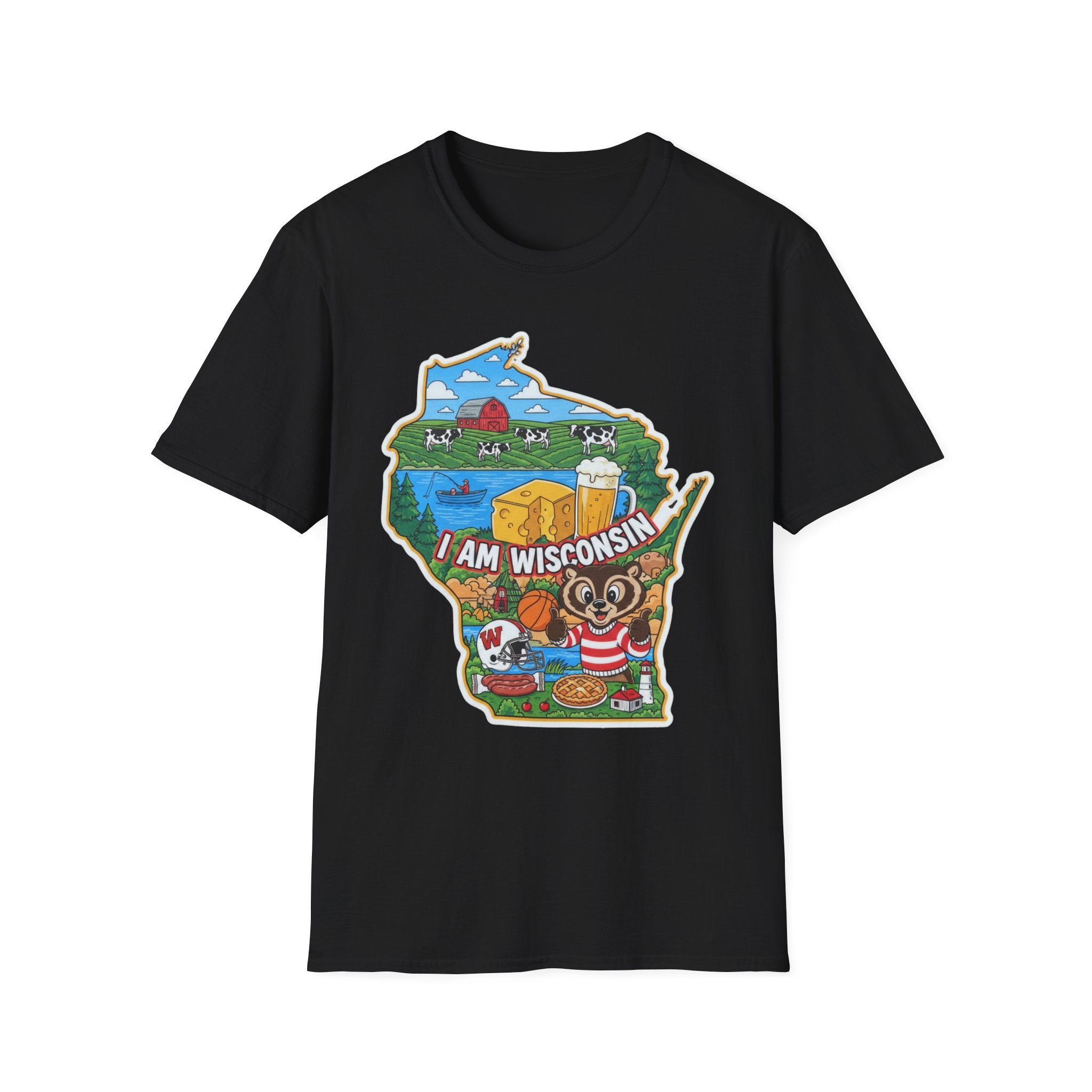 Black T-shirt with Wisconsin map graphic, cheese blocks and striped badger mascot