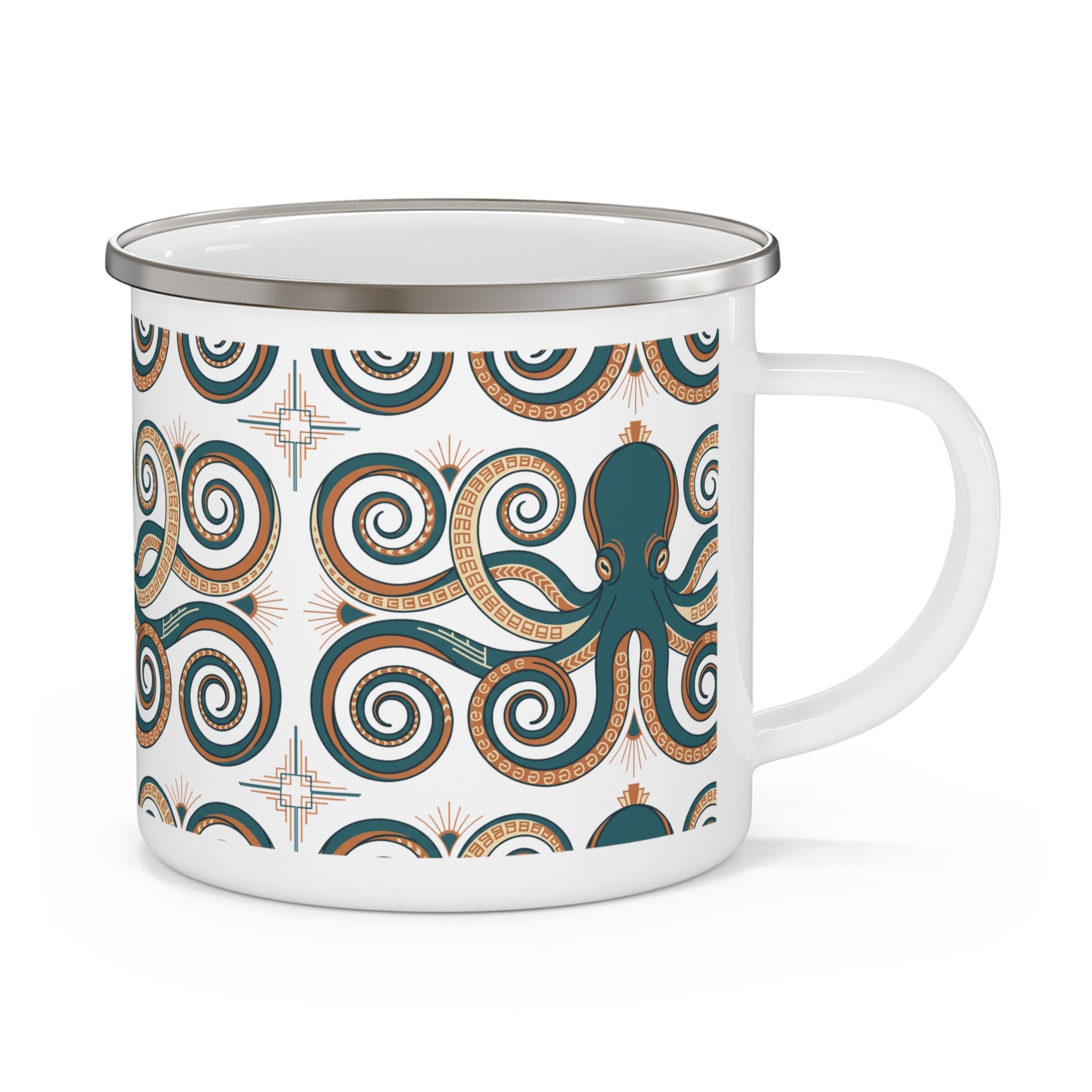 Enamel camping mug with handle, teal octopus and swirl pattern on white, metal rim