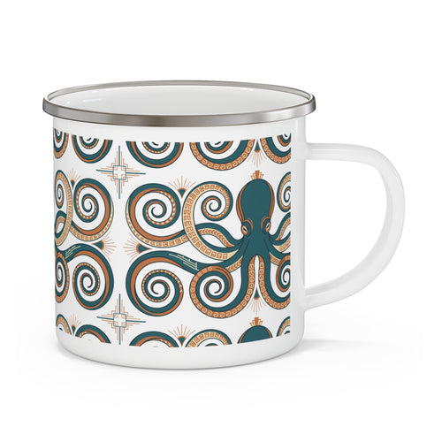 Enamel camping mug with handle, teal octopus and swirl pattern on white, metal rim
