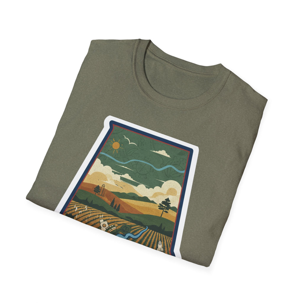 Heather Military Green I Am Alabama T-shirt with framed landscape state artwork