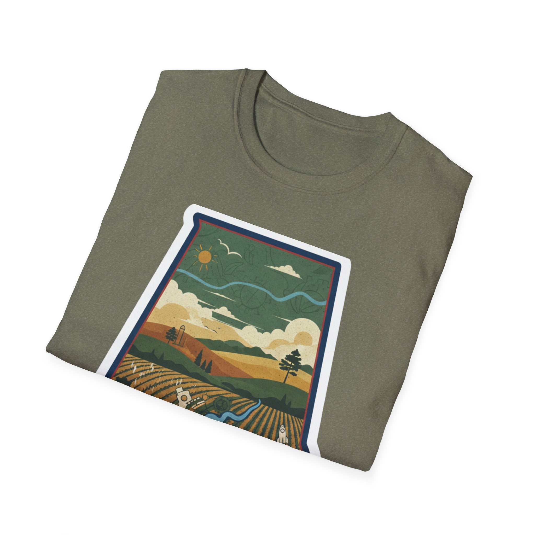 Heather Military Green I Am Alabama T-shirt with framed landscape state artwork