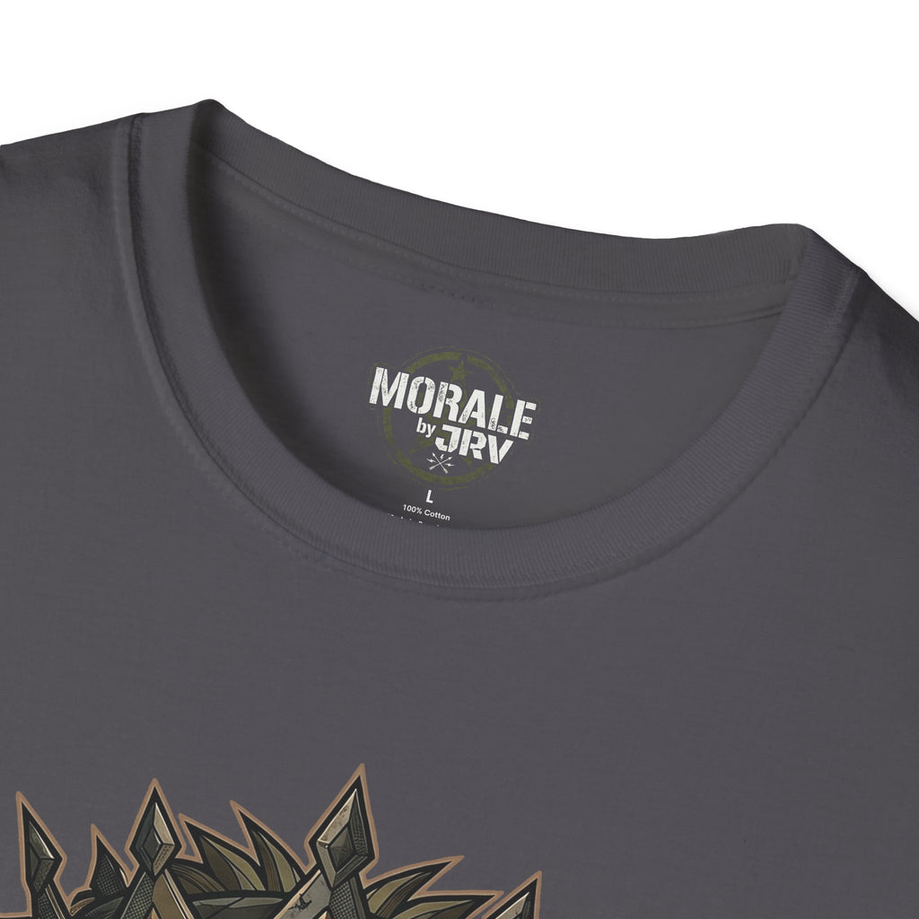 Charcoal crewneck T-shirt neck label and small brand print