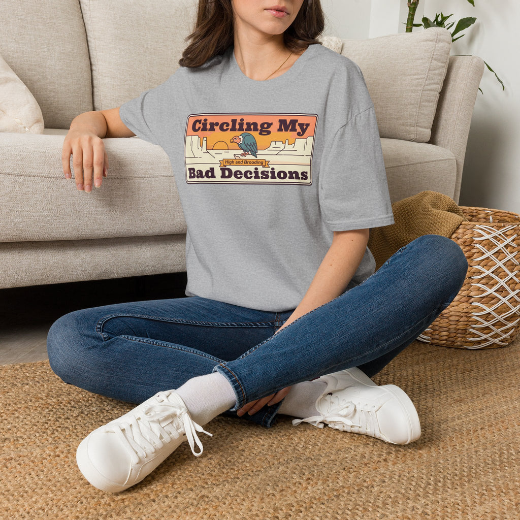 Light gray crew-neck T-shirt with centered “Circling My Bad Decisions” graphic