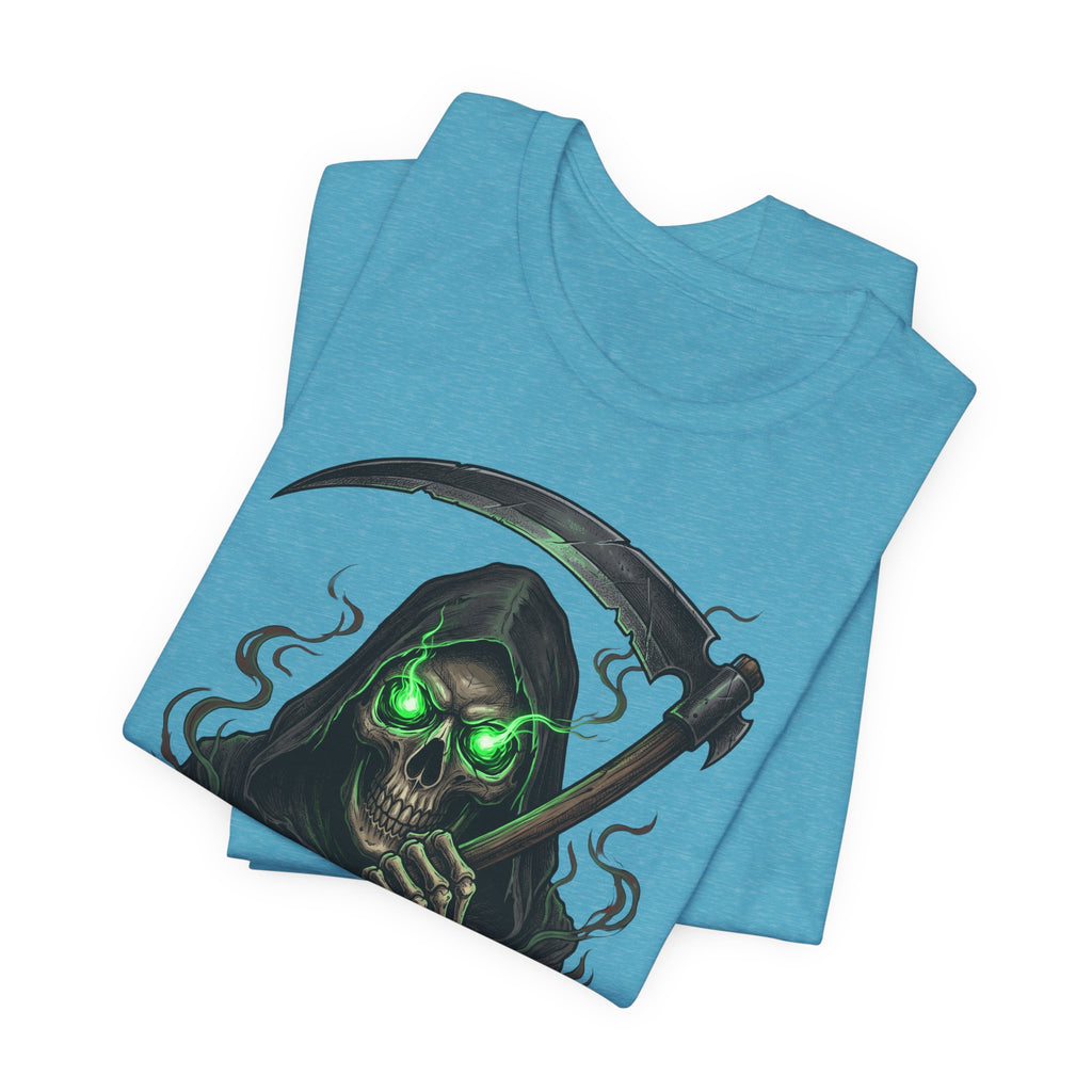 Heather Aqua T-shirt with glowing green skull grim reaper graphic and scythe