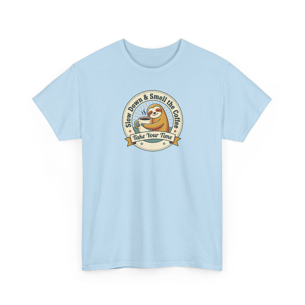 Light blue graphic T-shirt with sloth coffee emblem on chest