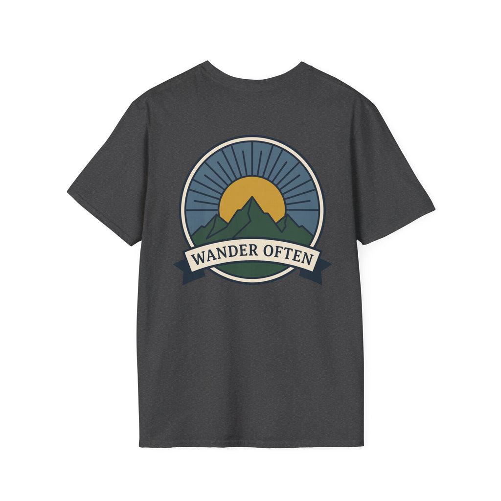 Dark heather unisex T-shirt with Wander Often mountain badge emblem centered.