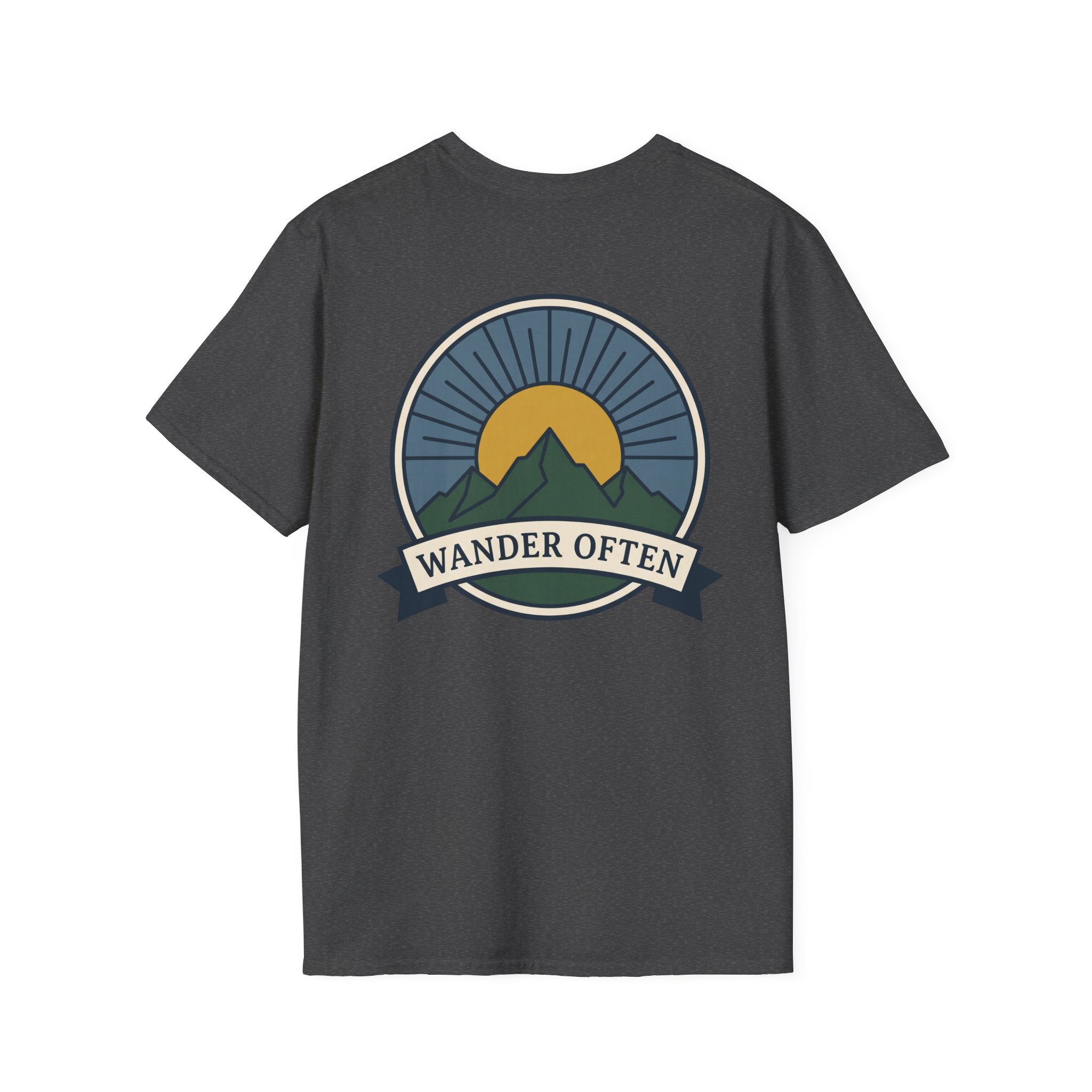 Dark heather unisex T-shirt with Wander Often mountain badge emblem centered.