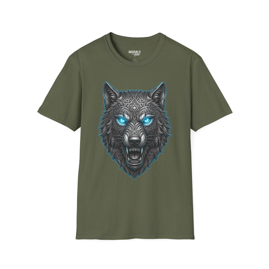 Military green T-shirt with glowing blue-eyed wolf head graphic, sharp snarl
