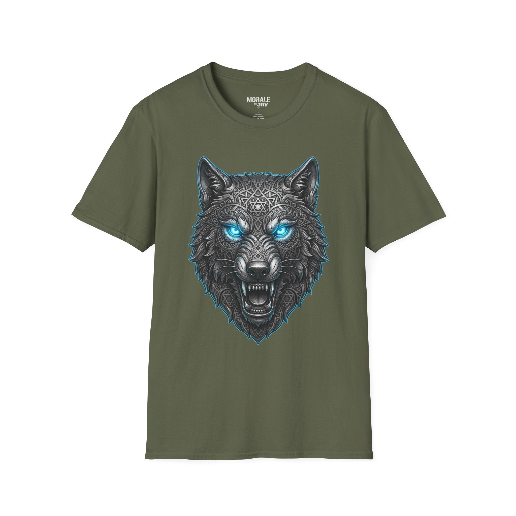 Military green T-shirt with glowing blue-eyed wolf head graphic, sharp snarl