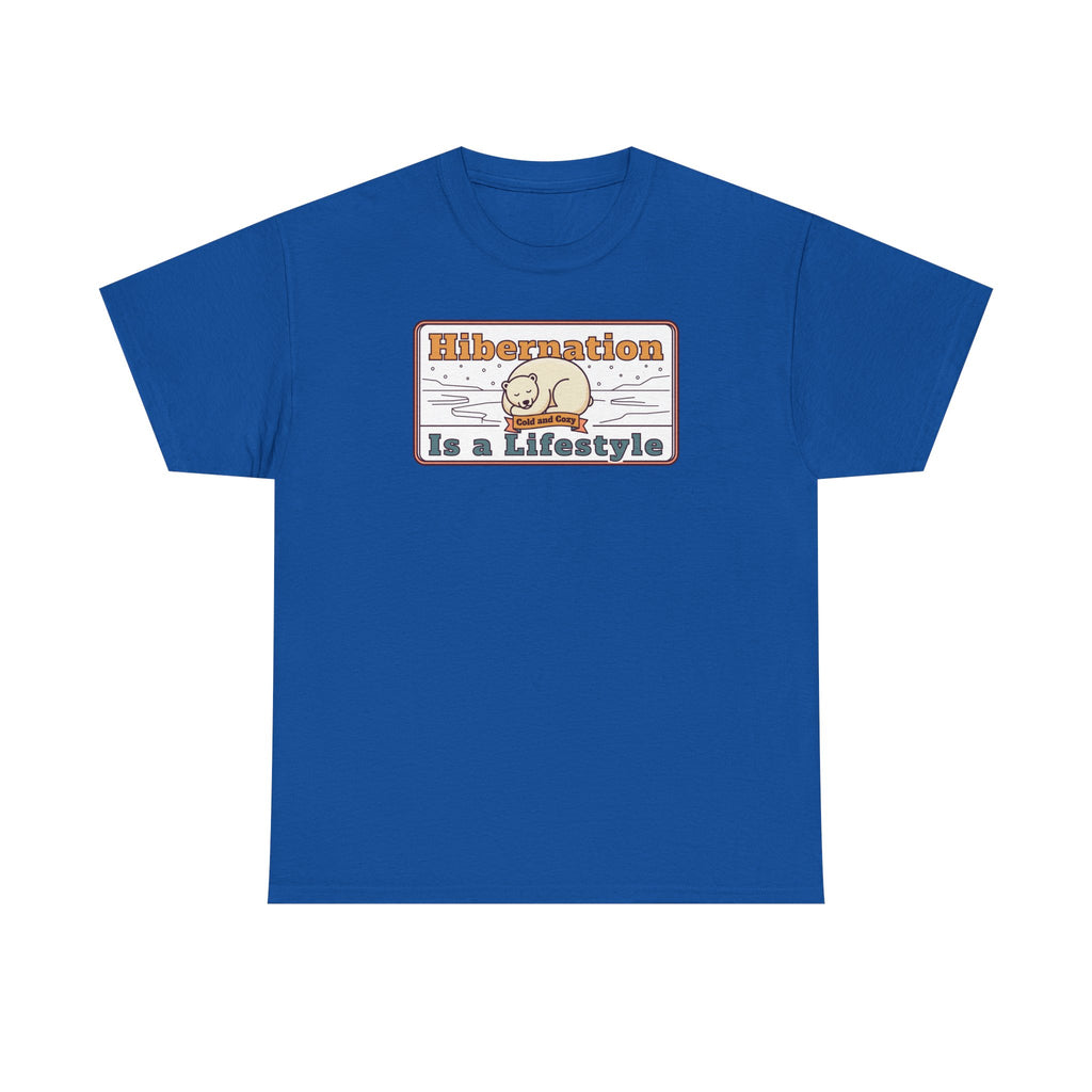Royal blue crew-neck T-shirt with “Hibernation Is a Lifestyle” sloth graphic on chest