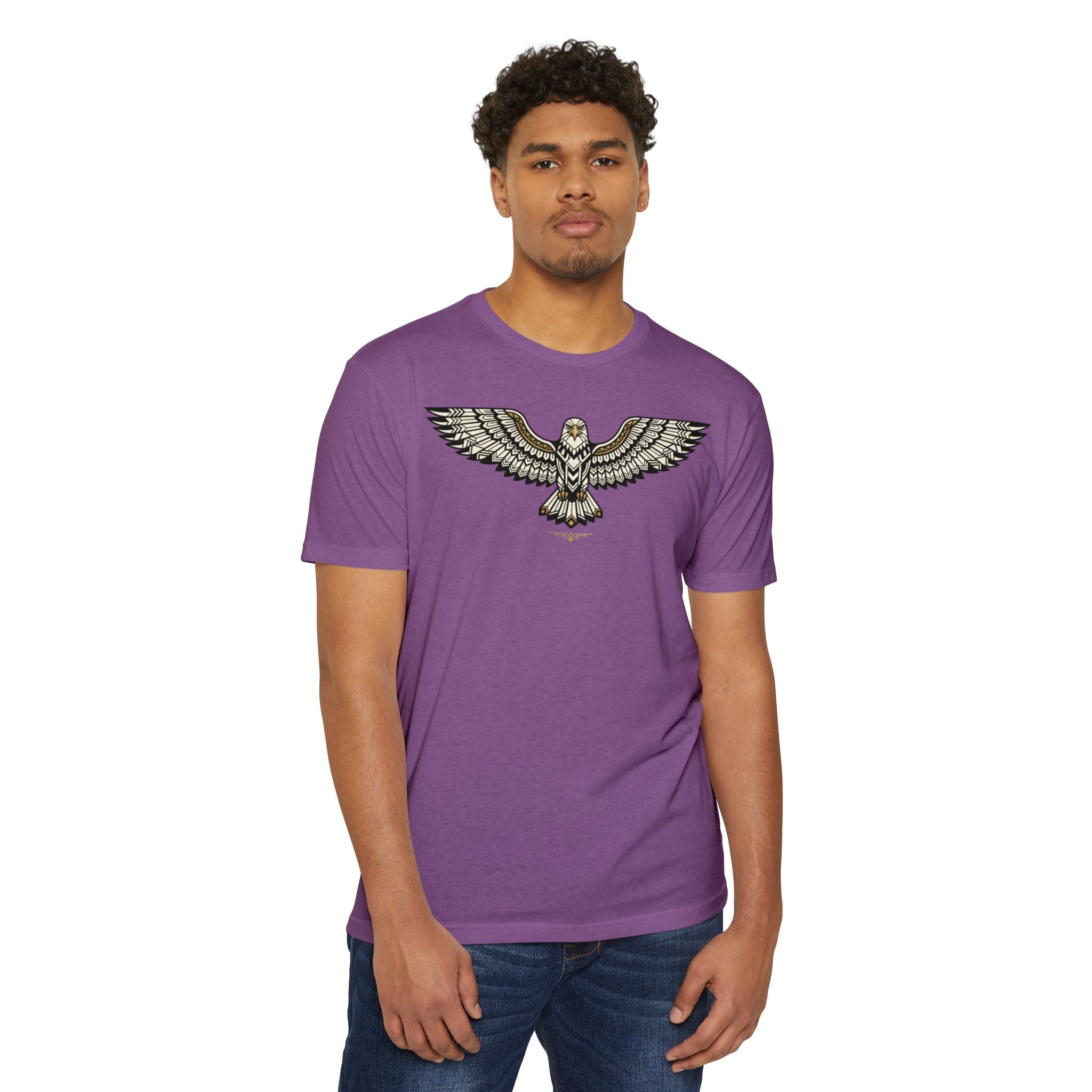 Purple T-shirt with gold and gray soaring owl graphic across the chest