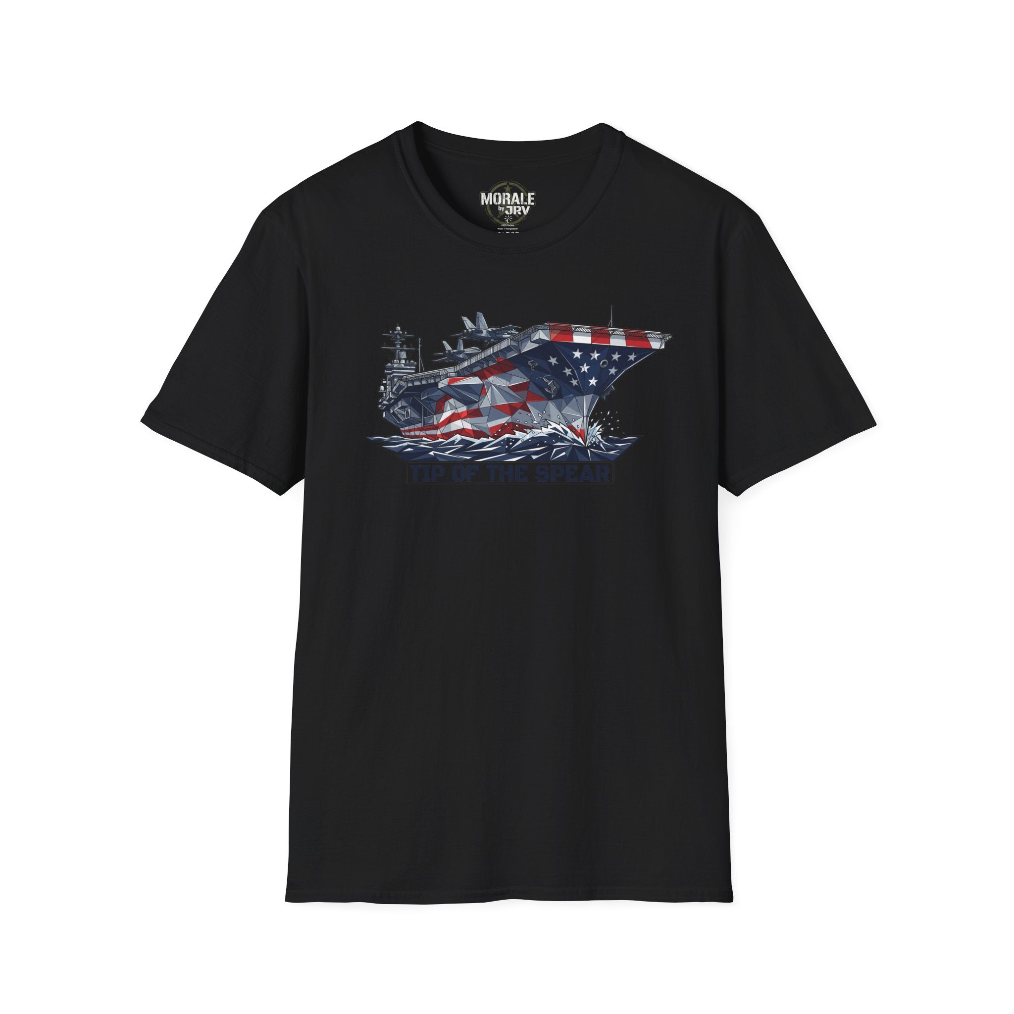 Schwarzes T-Shirt mit „Tip of the Spear“-Grafik: Flugzeugträger mit US-Flagge