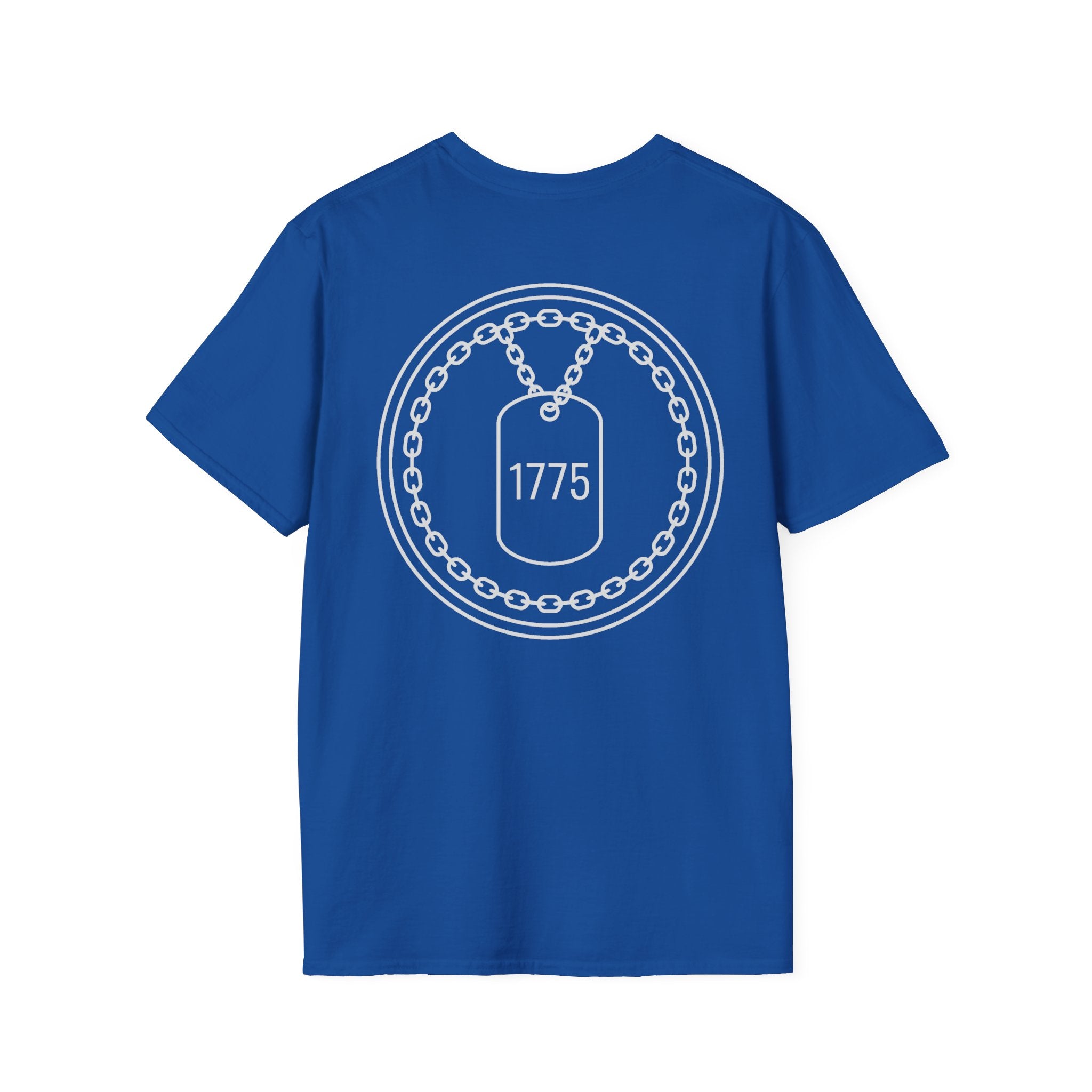 Royal blue T-shirt with 1775 dog tag emblem in circle with chain print