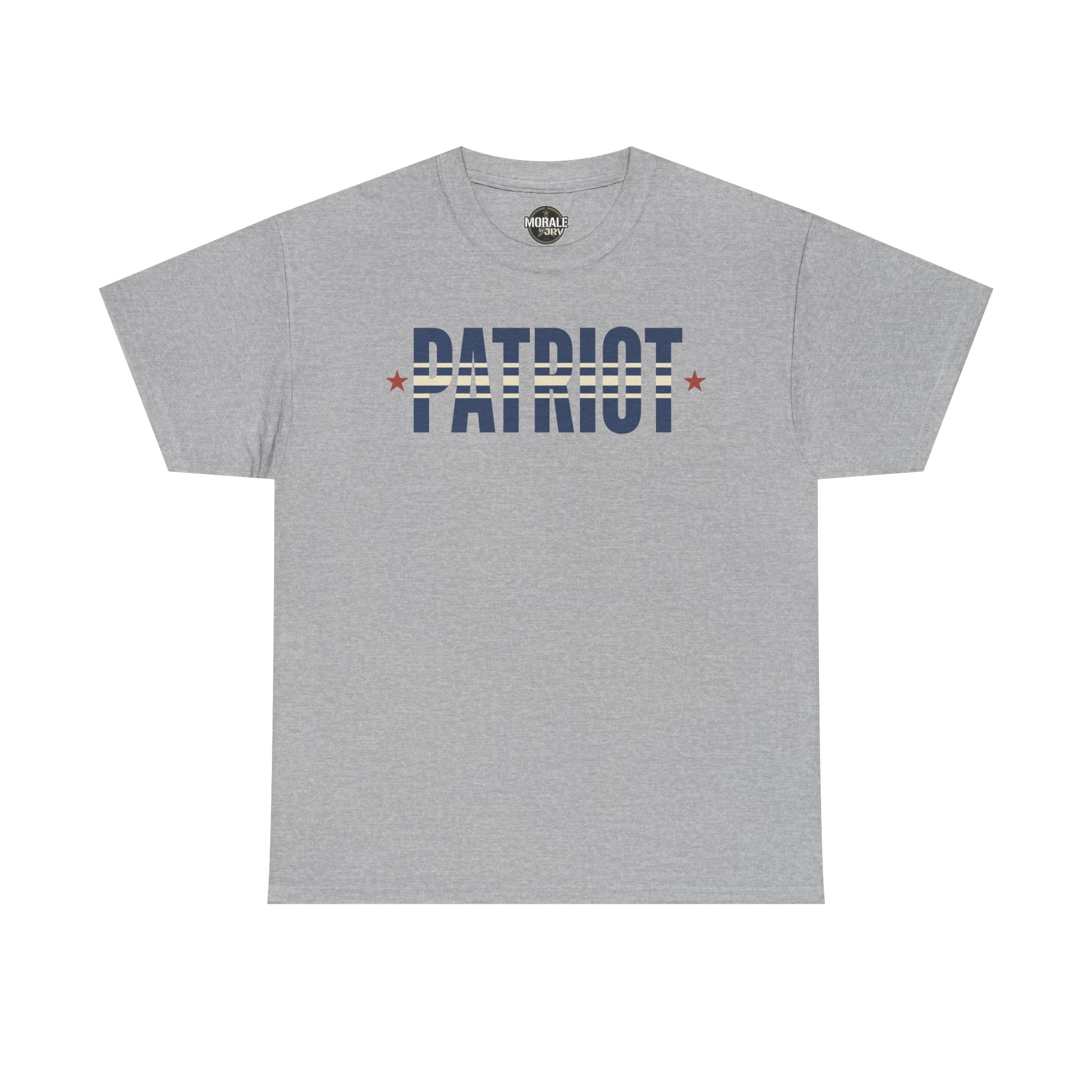 Light gray patriot stripe T-shirt with PATRIOT logo print and red stars