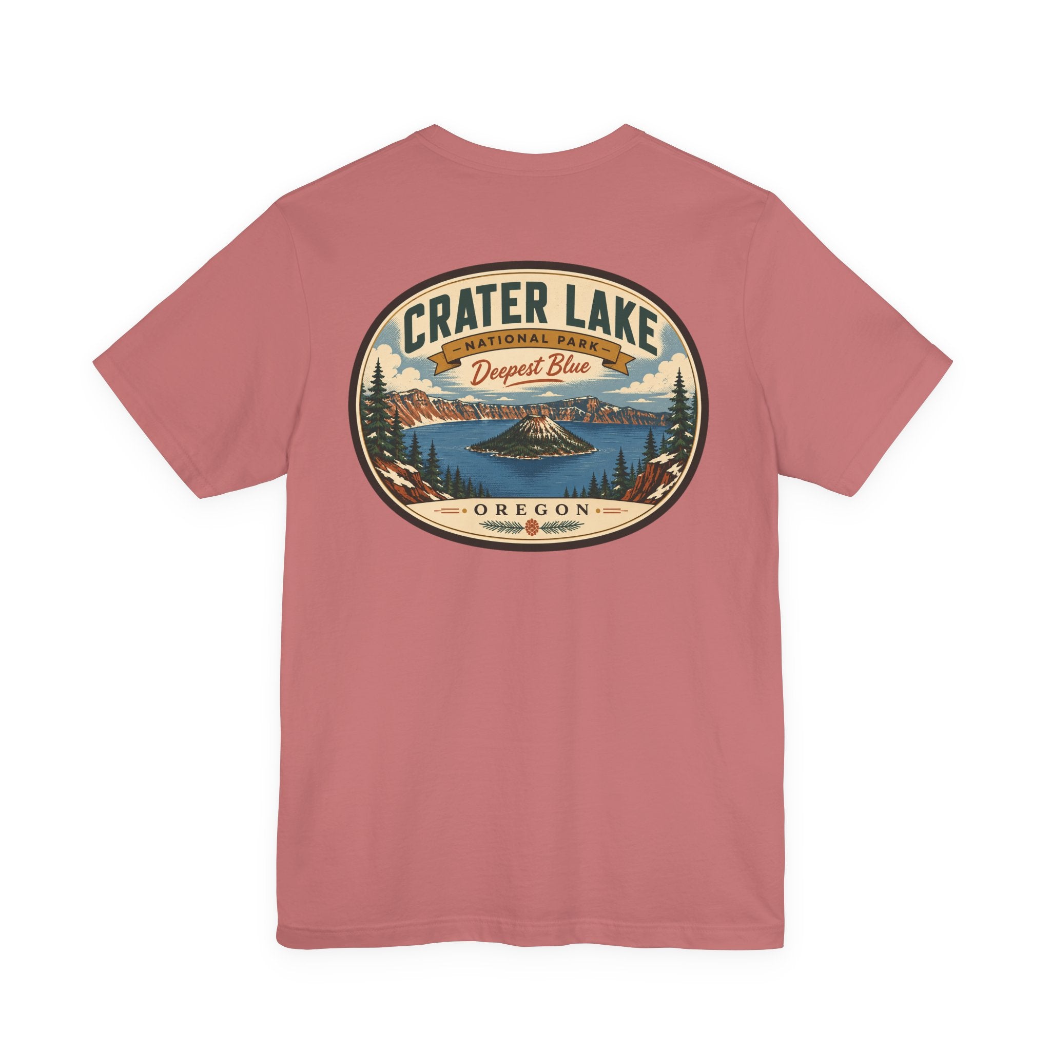 Crater Lake souvenir t-shirt, rose, large circular lake graphic on the chest