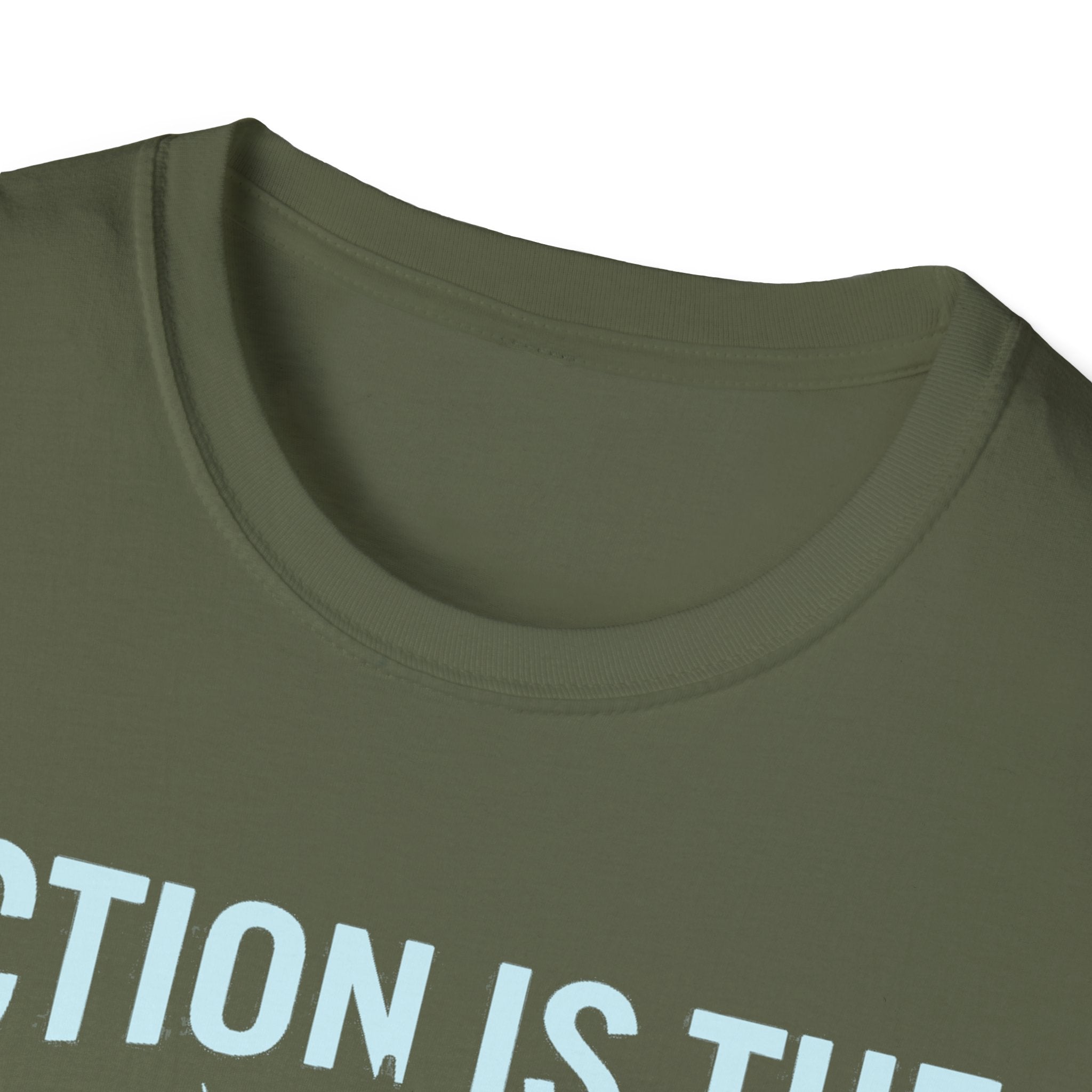 Military green crew-neck tee, close-up of collar and neckline seam.