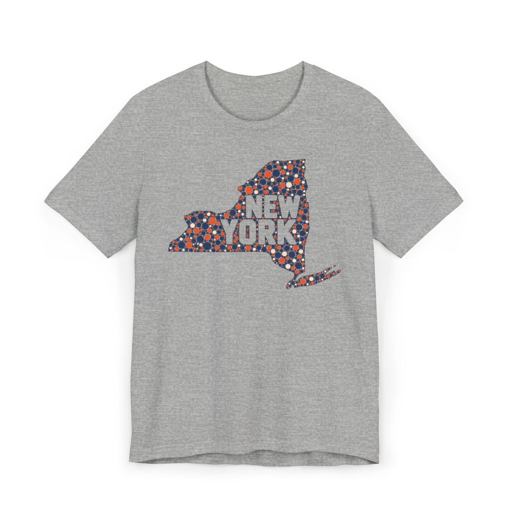 Heather gray T-shirt with colorful dotted New York state graphic print