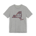 Heather gray T-shirt with colorful dotted New York state graphic print
