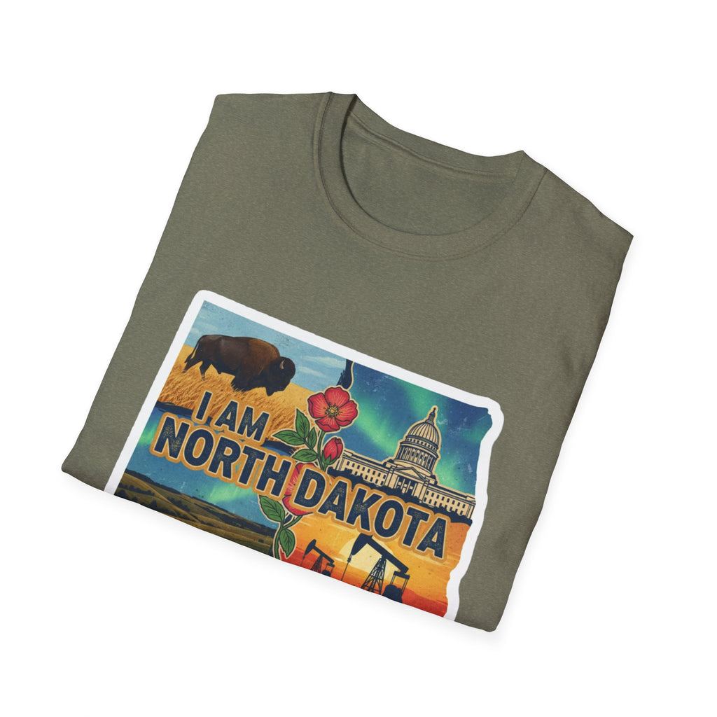 Olive T-shirt with “I Am North Dakota” bison and capitol graphic