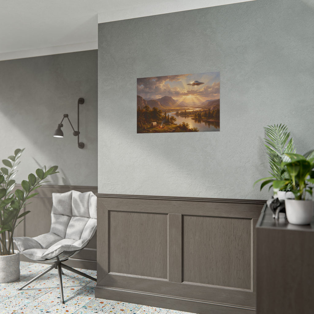 Landscape sunset wall poster with UFO hovering over a river valley and forest