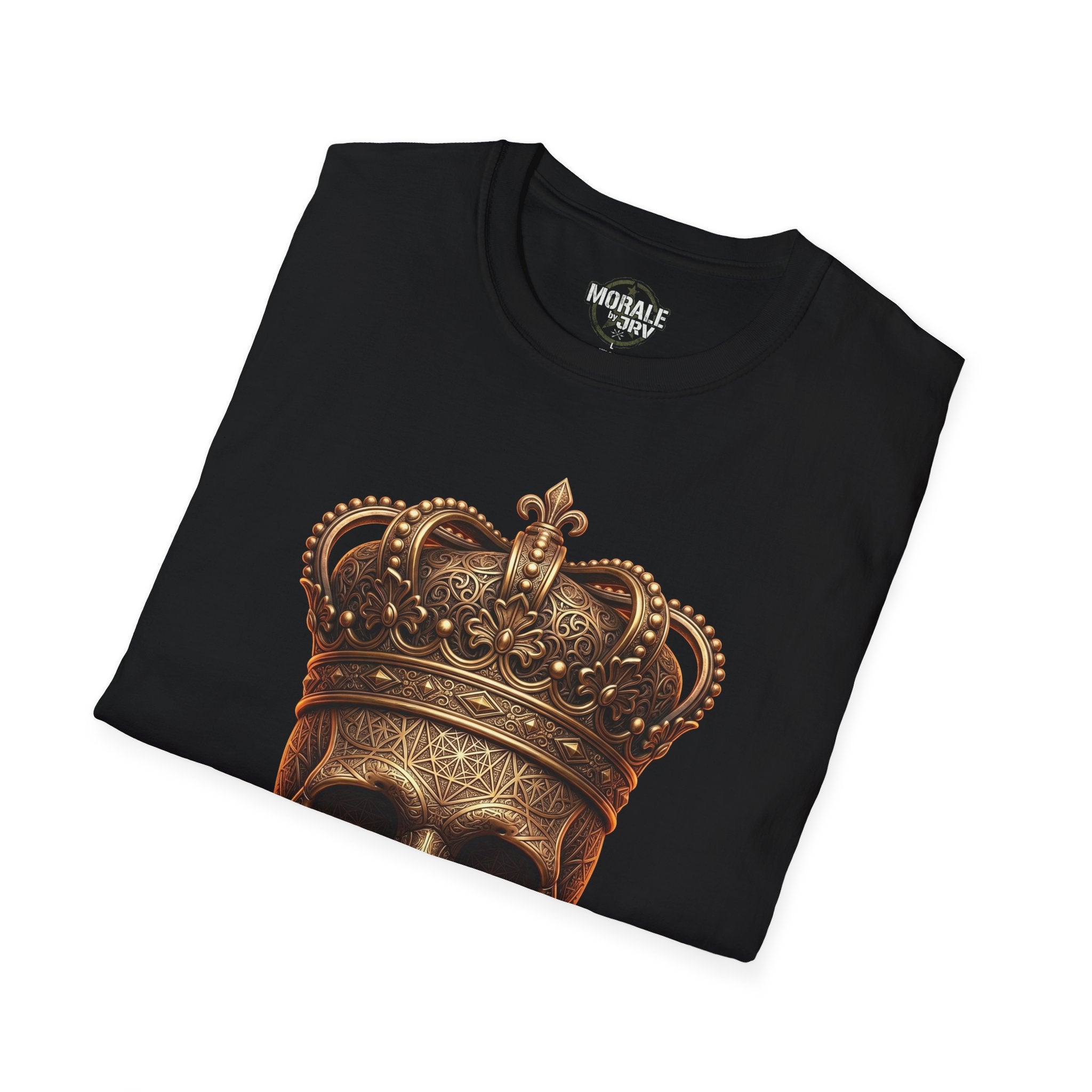 Black gothic-style T-shirt with gold fleur-de-lis crown graphic