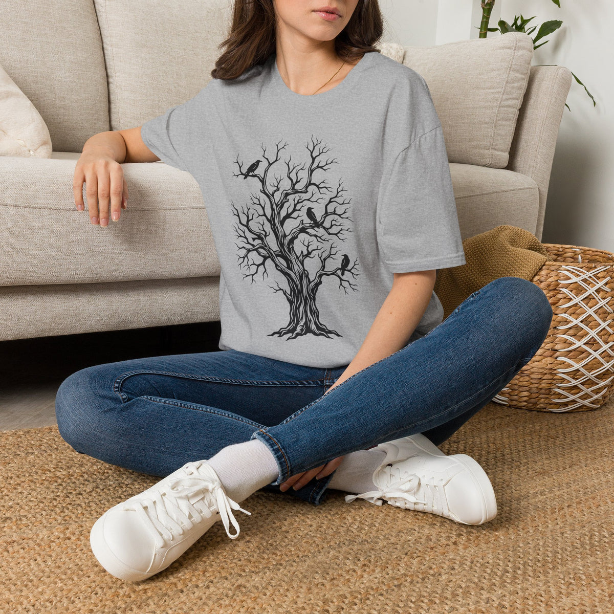 Heather grey crew-neck t-shirt with black bare tree illustration