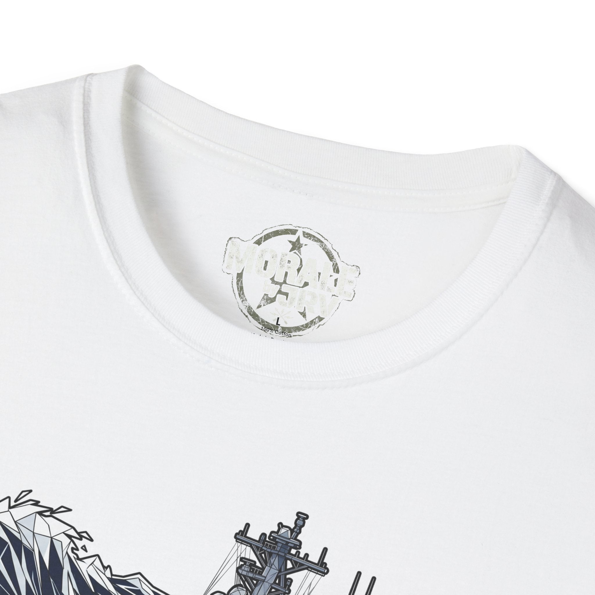 White T-shirt collar close-up with circular emblem and partial battleship graphic