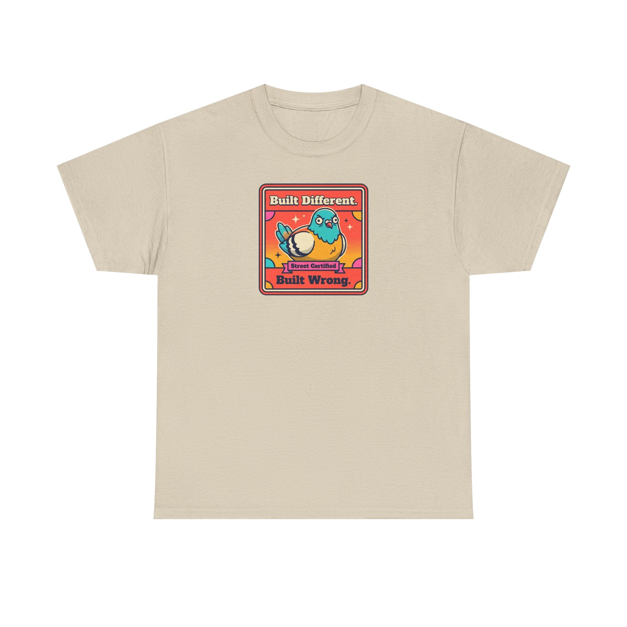 Sand t-shirt with framed bird graphic, 'Built Different' and 'Built Wrong' text.