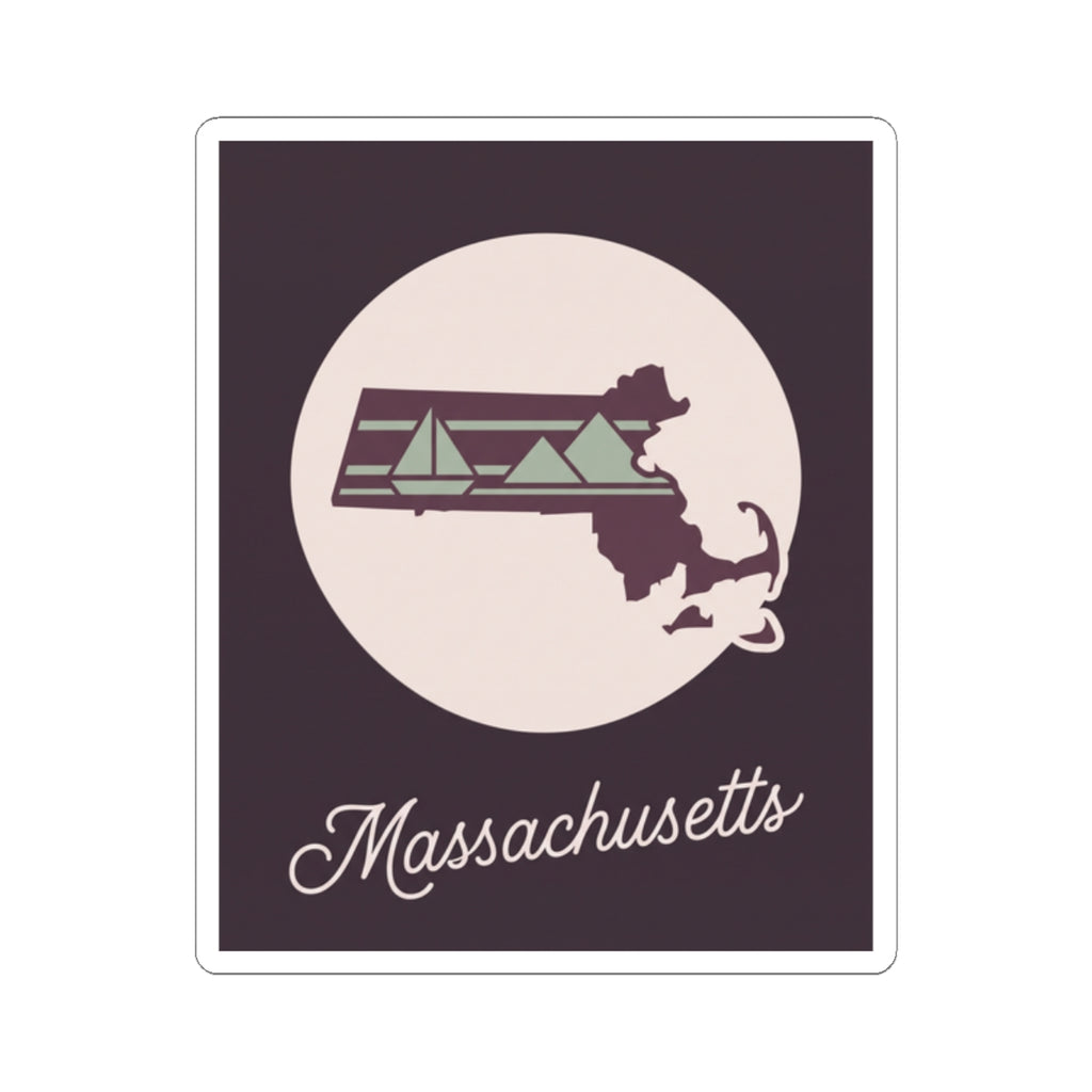 Massachusetts state silhouette vinyl decal sticker with 'Massachusetts' lettering and border