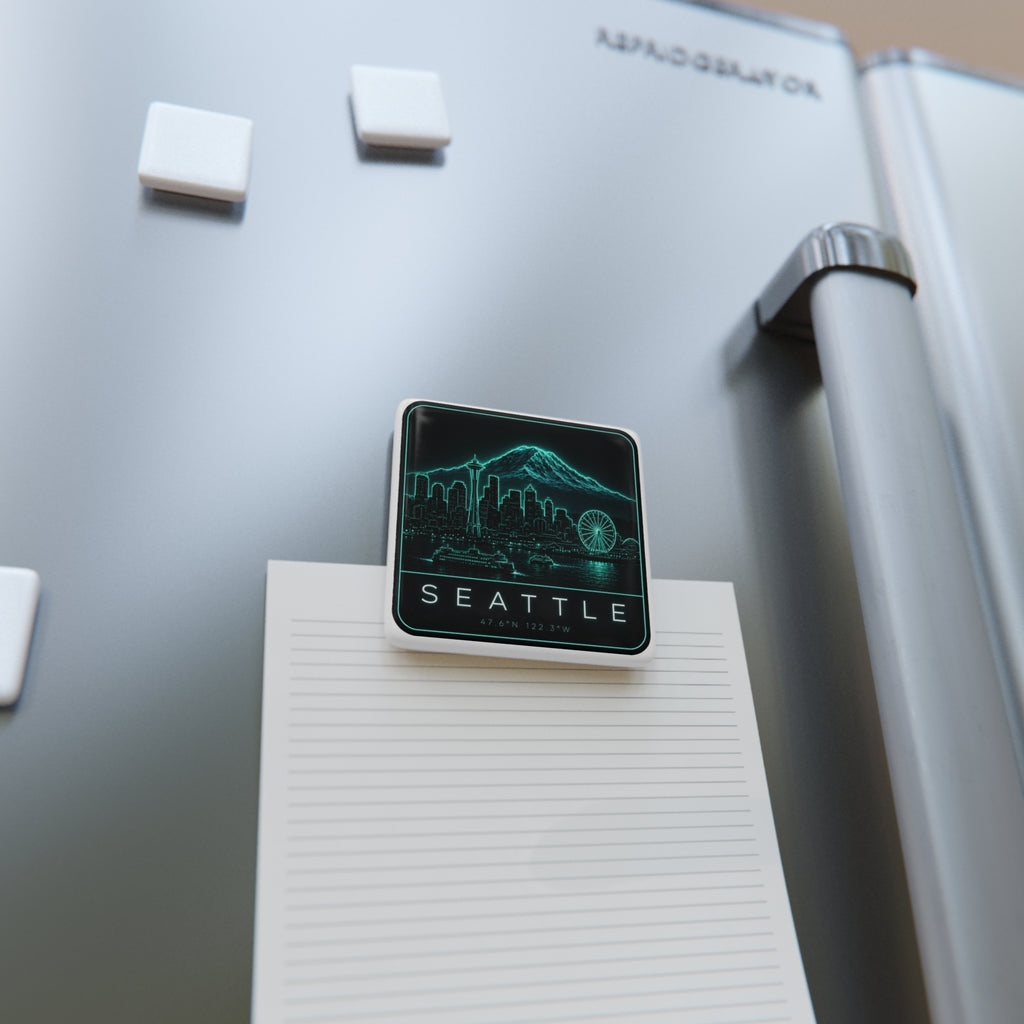 Square porcelain magnet on clipboard, teal neon Seattle skyline illustration