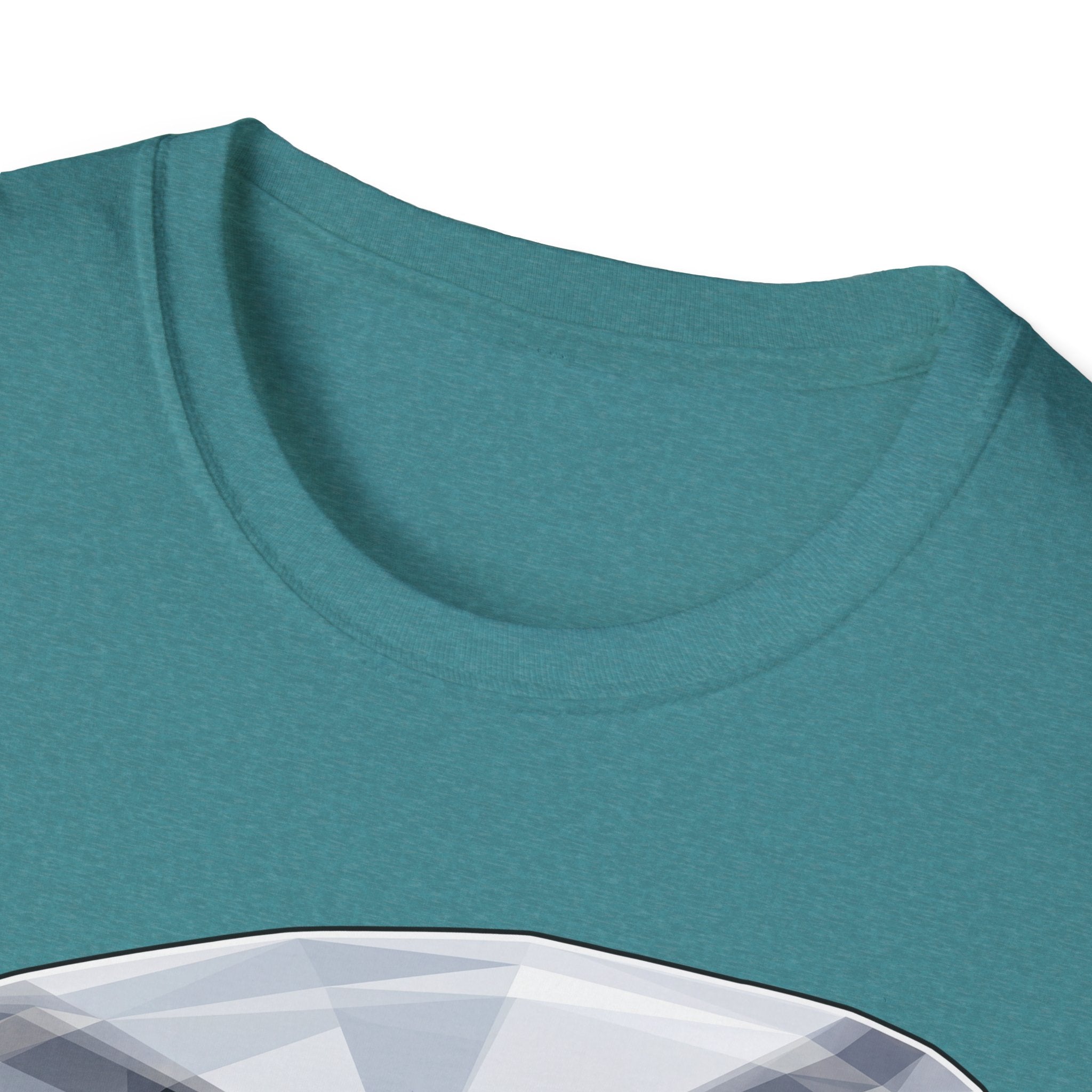 Teal heather rescue helicopter T-shirt neckline and fabric texture close-up