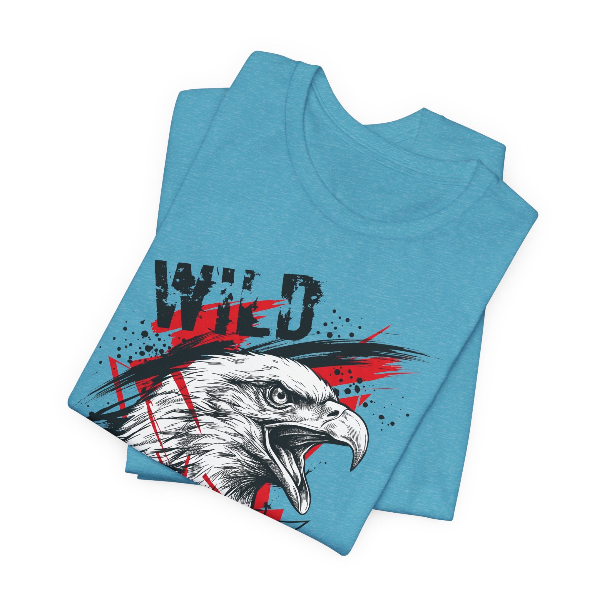 Light blue crew-neck t-shirt with a white eagle head and red splatter graphic.