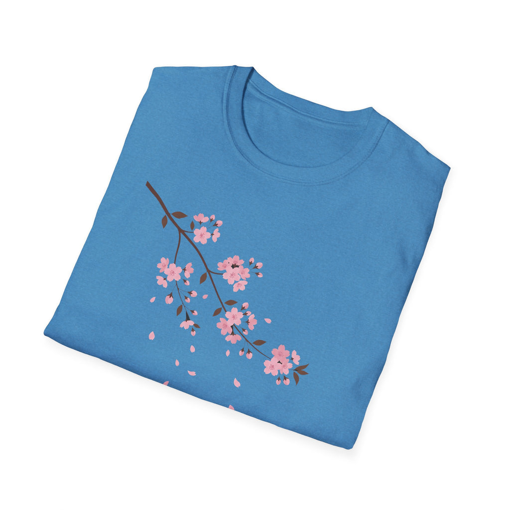 Cherry Blossom Branch T-Shirt (blau) mit rosafarbenem Kirschblütenzweig-Print